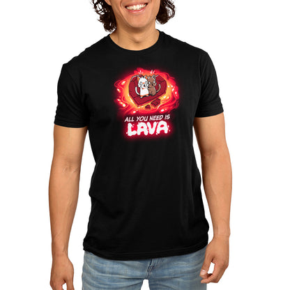 A man wearing a black TeeTurtle "All You Need is Lava" t-shirt.