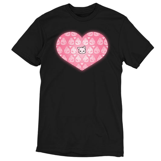 A black All by Meowself T-shirt with a pink heart on it, made by TeeTurtle.