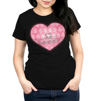 A feline-themed black women's t-shirt with a pink heart graphic, the "All by Meowself" shirt by TeeTurtle.