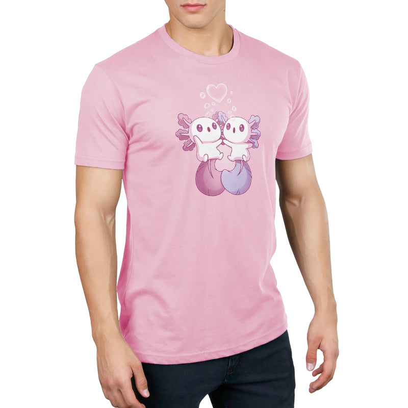 A man wearing an Alotl Love pink t-shirt with cotton fabric made by TeeTurtle.