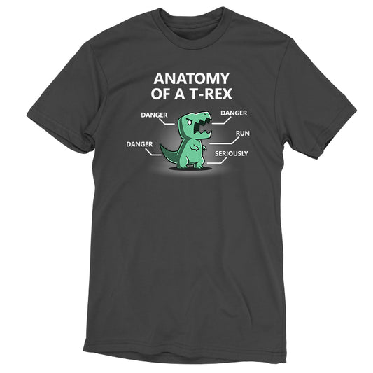 Charcoal gray t-shirt featuring the TeeTurtle Anatomy of a T-Rex and Danger.