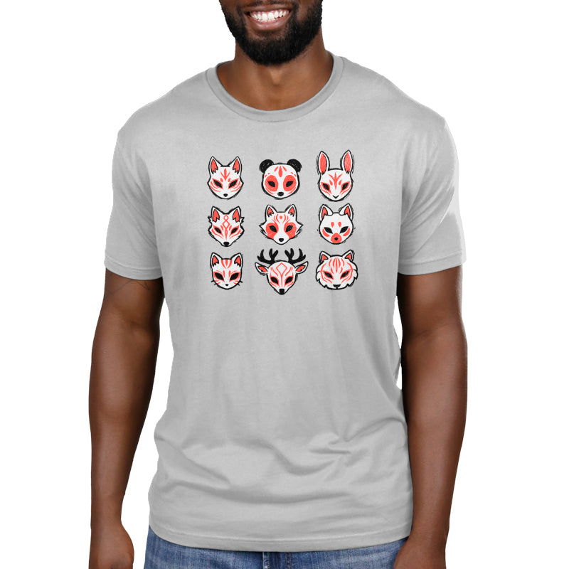 A man wearing a grey T-shirt with various panda faces on it, showcasing his love for animals, was wearing a TeeTurtle Animal Masks shirt.