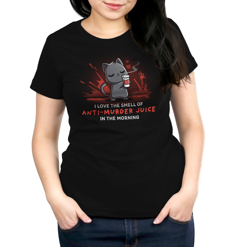 A women's t-shirt with a cat on it that says "I'm a murderer," perfect for coffee lovers, from TeeTurtle's Anti-Murder Juice.