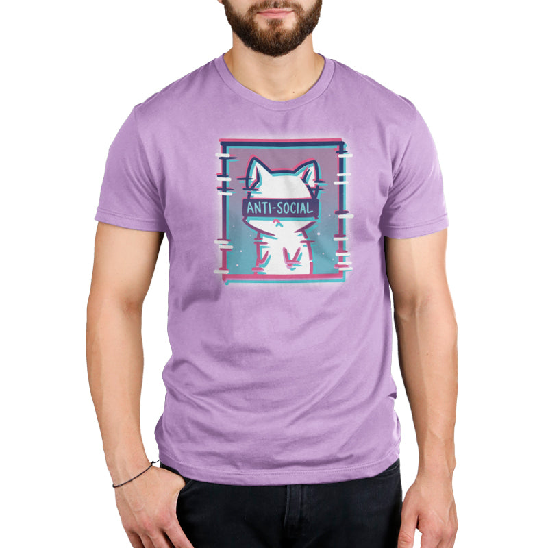A man wearing an Anti-Social Cat T-shirt from TeeTurtle.
