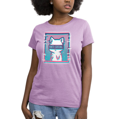 An Anti-Social Cat woman wearing a purple t-shirt from TeeTurtle.