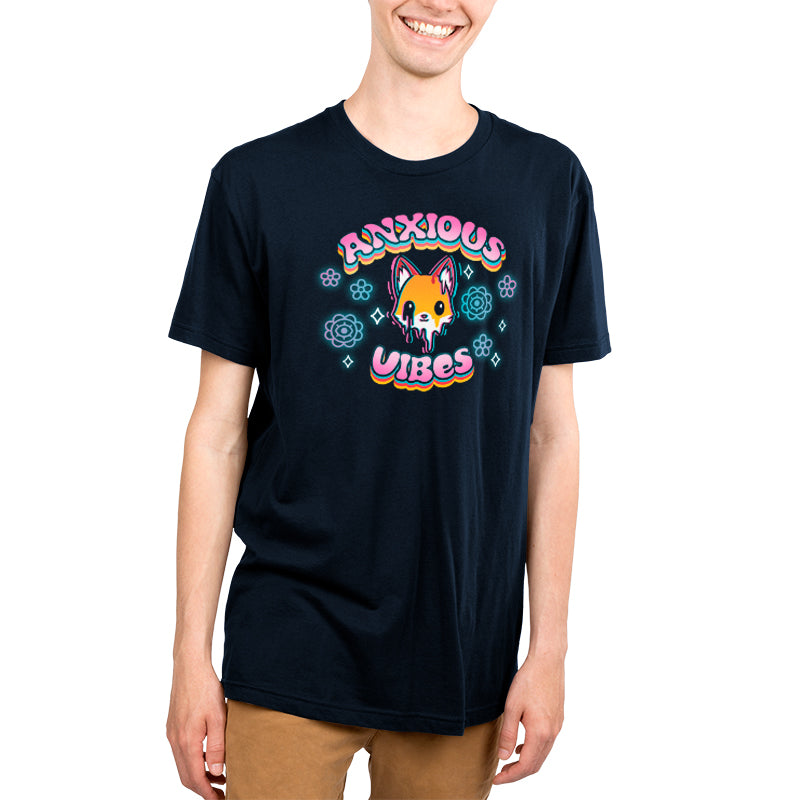A young man wearing a TeeTurtle t-shirt that brings comfort through the message 'awkward unicorns' called Anxious Vibes.