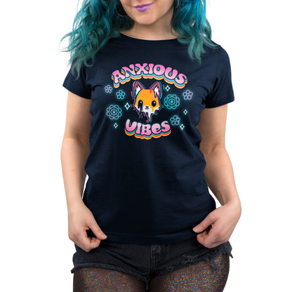 A woman wearing a comfortable Anxious Vibes t-shirt from TeeTurtle with fabulous vibes.