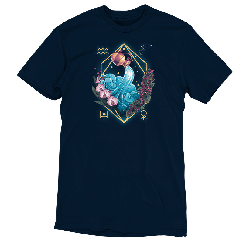 A navy Aquarius Zodiac t-shirt with an image of a flamingo and flowers from TeeTurtle.