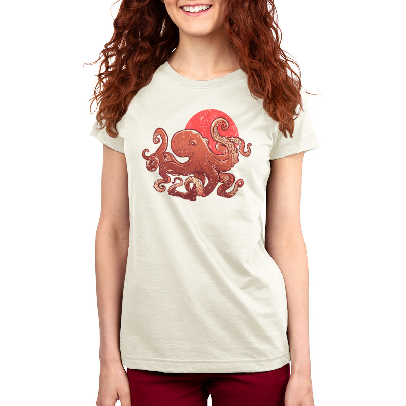 A woman smiling at the camera, wearing a TeeTurtle Artful Octopus ringspun cotton T-shirt.