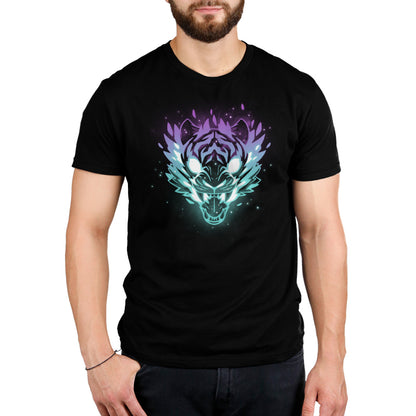A man wearing an Astral Roar T-shirt made of cotton with an image of a tiger. Brand: TeeTurtle