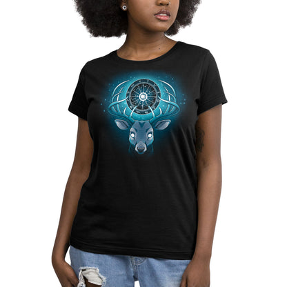 A woman wearing a black Astrological Stag T-shirt by TeeTurtle, made of ringspun cotton.