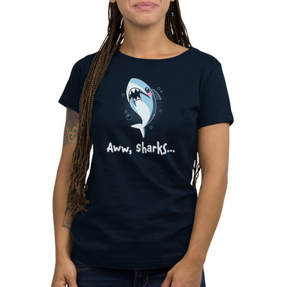 A woman wearing a TeeTurtle Aww, Sharks women's t-shirt with a navy blue shark.