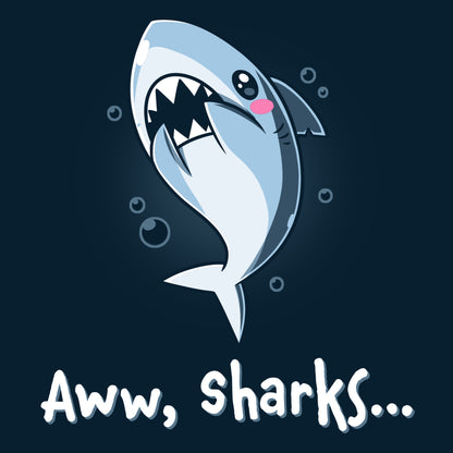 A TeeTurtle navy blue t-shirt featuring sharks with the words "aww, sharks.