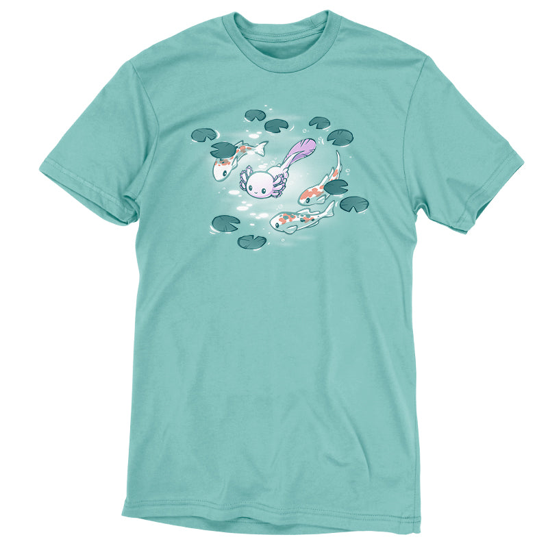 An Axolotl & Koi Friends t-shirt featuring a koi fish swimming gracefully in the water, by TeeTurtle.