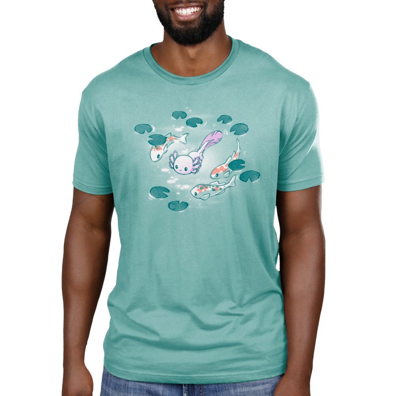 An Axolotl & Koi Friends men's t-shirt by TeeTurtle featuring an image of a koi fish swimming in water.