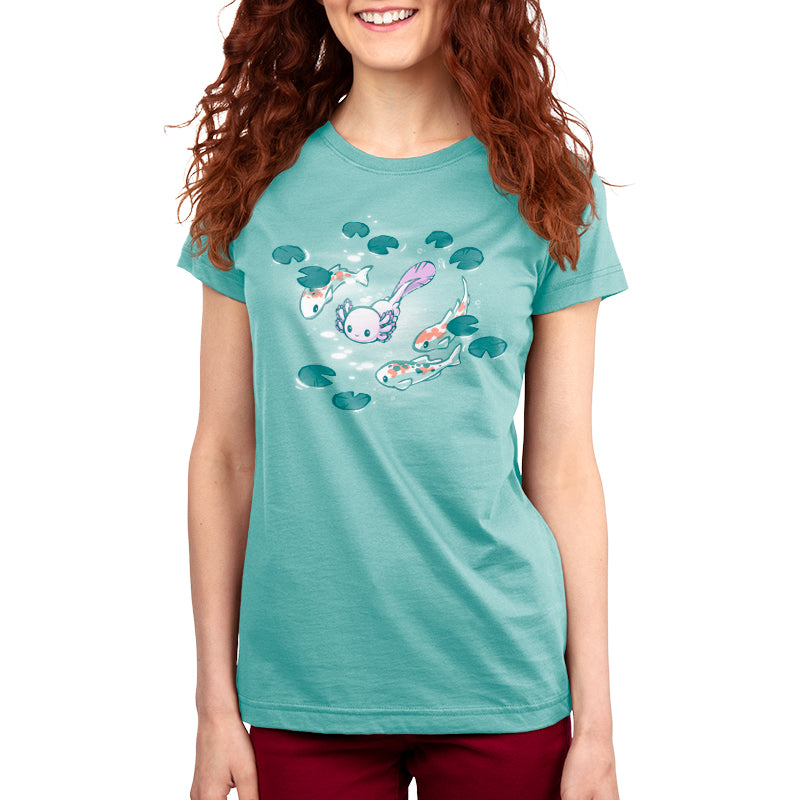 A women's T-shirt featuring an image of Axolotl & Koi Friends surrounded by water, from the brand TeeTurtle.