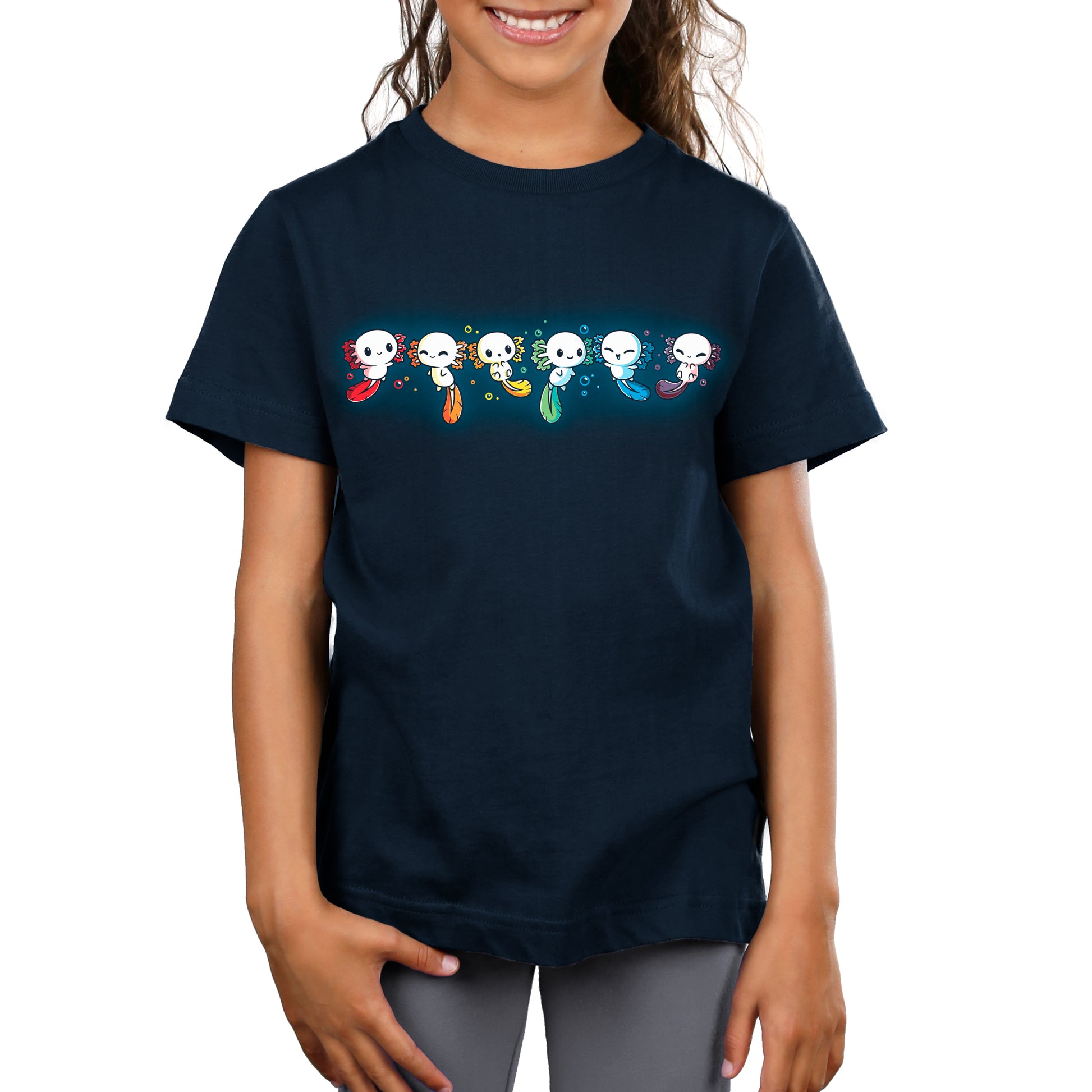 A girl wearing an Axolotl Rainbow t-shirt by TeeTurtle.