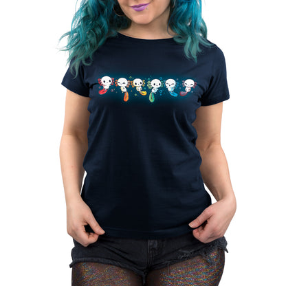 A woman wearing a black t-shirt with four TeeTurtle Axolotl Rainbow ghosts.