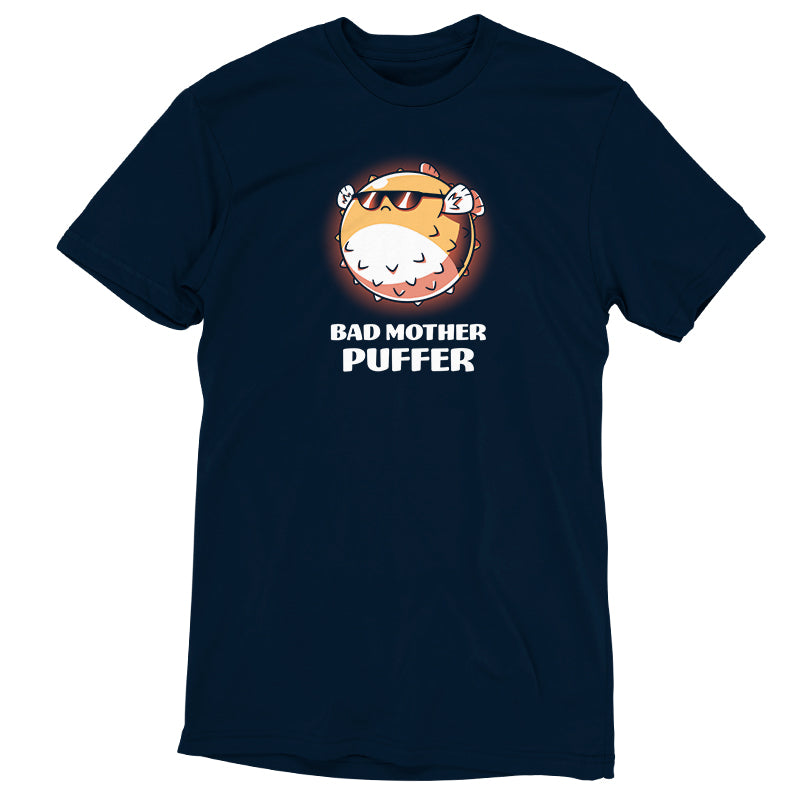 Navy blue t-shirt with the product "Bad Mother Puffer" by the brand TeeTurtle.