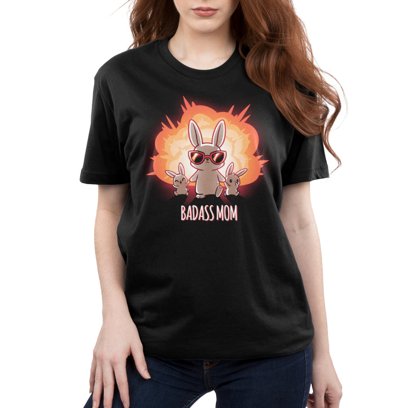 A TeeTurtle Badass Mom t-shirt with an image of a bunny engulfed in flames.