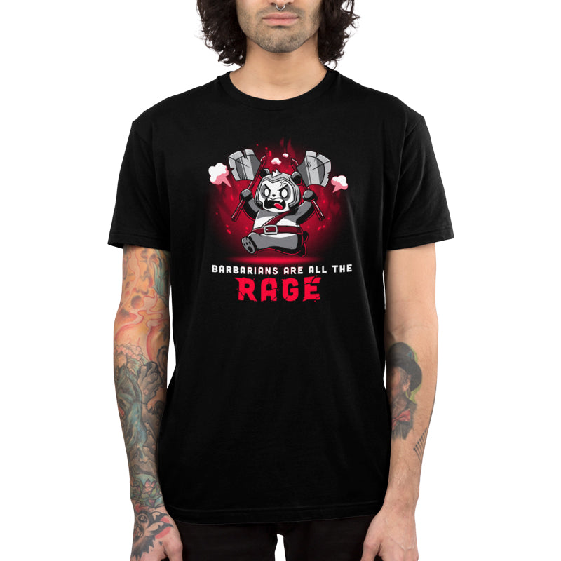 A TeeTurtle Barbarians are All the Rage, embracing the rage, wearing a black t-shirt.