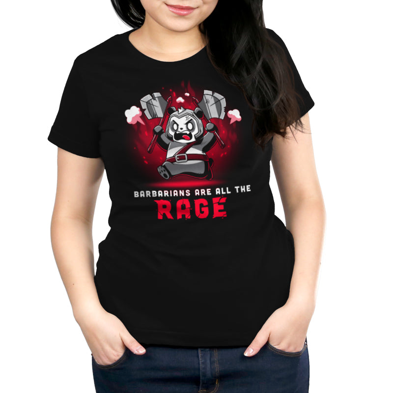 A woman sporting a TeeTurtle original Barbarians are All the Rage black t-shirt with the words, we're all the rage.