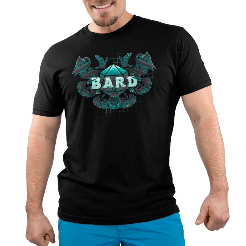 A man wearing a black t-shirt with the word Bard Class by TeeTurtle on it.