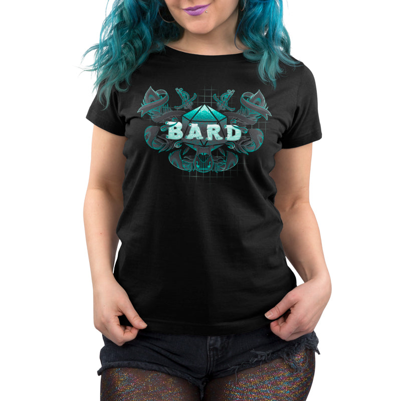 A woman with blue hair wearing a black t-shirt that says TeeTurtle Bard Class.