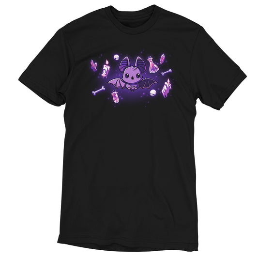 A black t-shirt with an image of a purple skeleton from TeeTurtle, perfect for Bat & Baubles lovers.