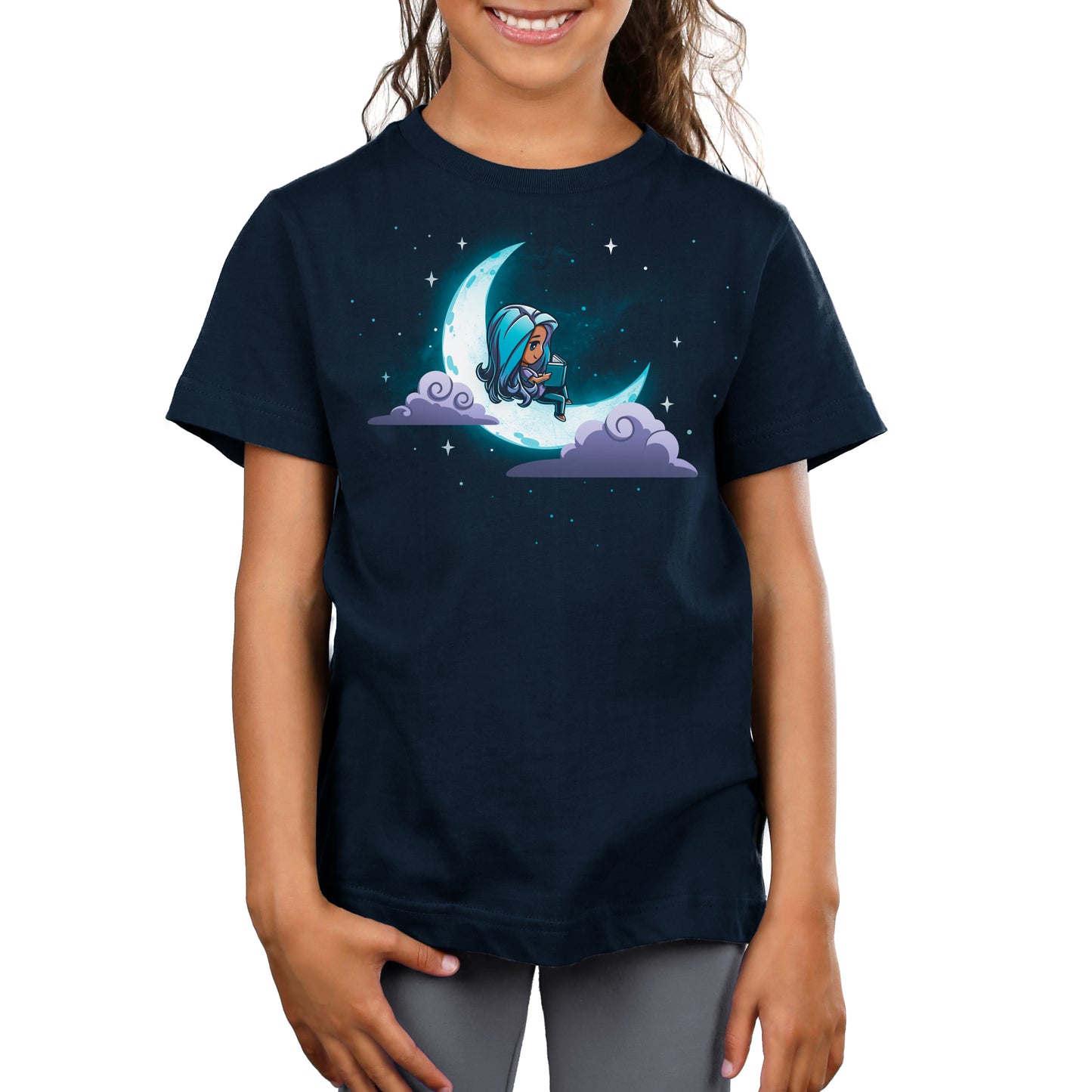 A TeeTurtle bedtime story featuring a girl in a moon-themed t-shirt.