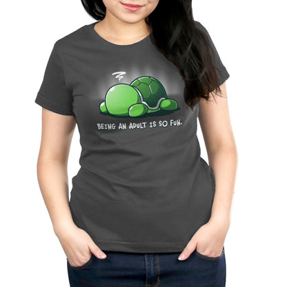 A fun adult t-shirt featuring a turtle, called "Being An Adult Is So Fun" by TeeTurtle.
