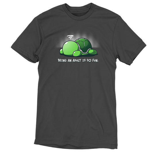 An adult gray t-shirt with a turtle on it that says 