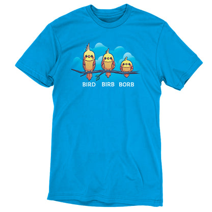 A TeeTurtle Cobalt Blue T-shirt featuring three Birb. Birb. Borb. birds flying in the sky.