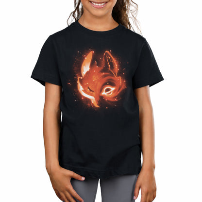 A girl wearing a Black Hole Fox t-shirt by TeeTurtle with an image of a fox surrounded by galaxies.