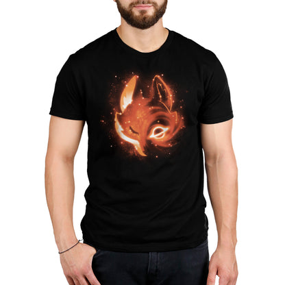 A man wearing a Black Hole Fox t-shirt by TeeTurtle with an image of a fox surrounded by galaxies.