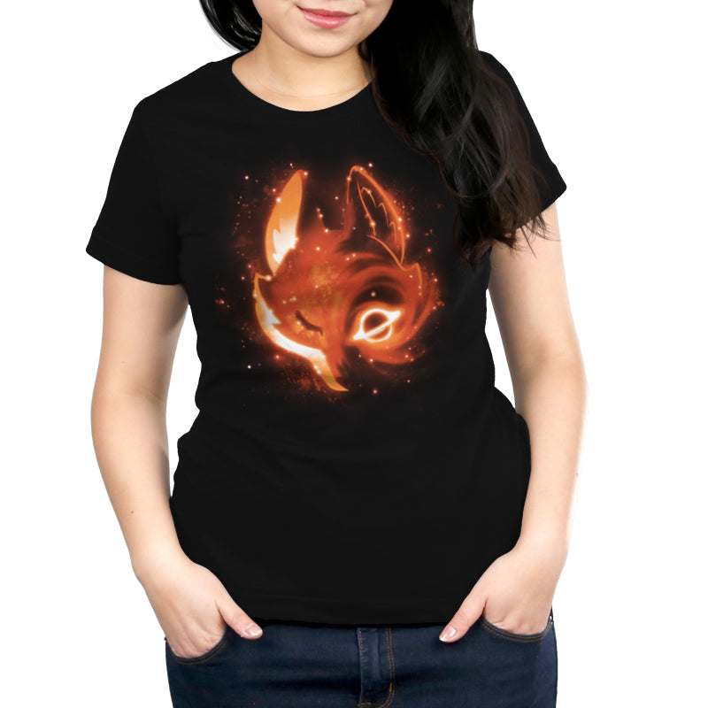 A women's Black Hole Fox t-shirt from TeeTurtle with an image of a fox amidst galaxies.