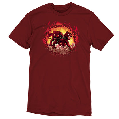A maroon "Bloodthirsty Cerberus" t-shirt by TeeTurtle, with an image of a dragon in flames, made from Ringspun Cotton.