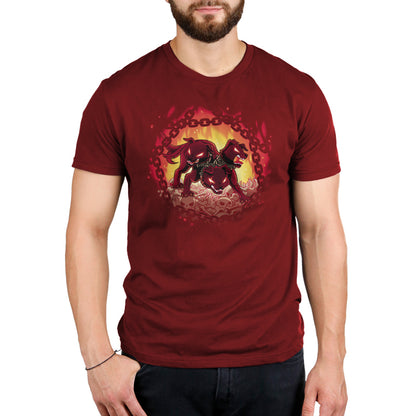 A man wearing a Bloodthirsty Cerberus t-shirt by TeeTurtle.
