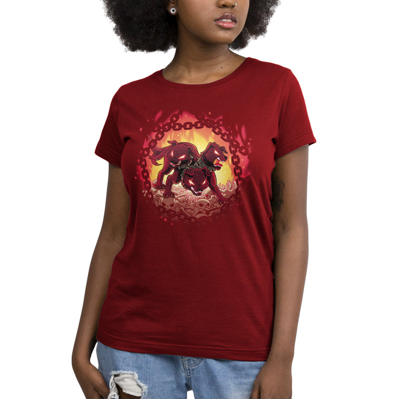 A woman wearing a red t-shirt featuring an image of Bloodthirsty Cerberus by TeeTurtle.