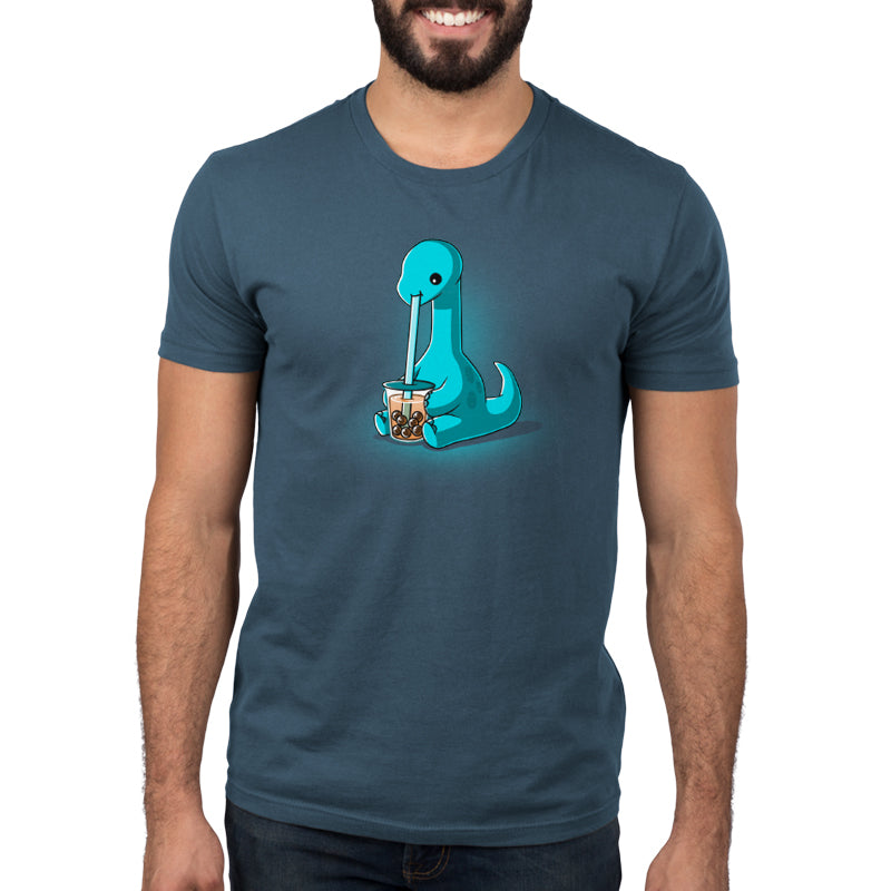 A man wearing a TeeTurtle T-shirt with an image of a Boba Dinosaur.