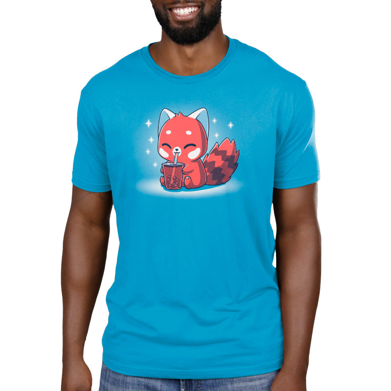 A man wearing a blue TeeTurtle Boba Red Panda t-shirt with a red fox on it.
