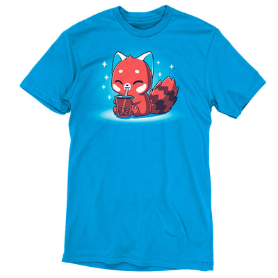 Premium Cotton T-shirt_TeeTurtle cobalt blue Boba Red Panda apparel featuring a cute red panda cartoon sitting and happily drinking bubble tea with a straw.