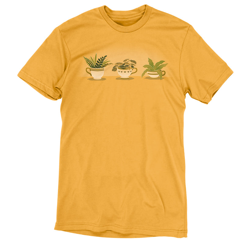 A yellow cotton T-shirt with a picture of Botanical Brews on it, by TeeTurtle.