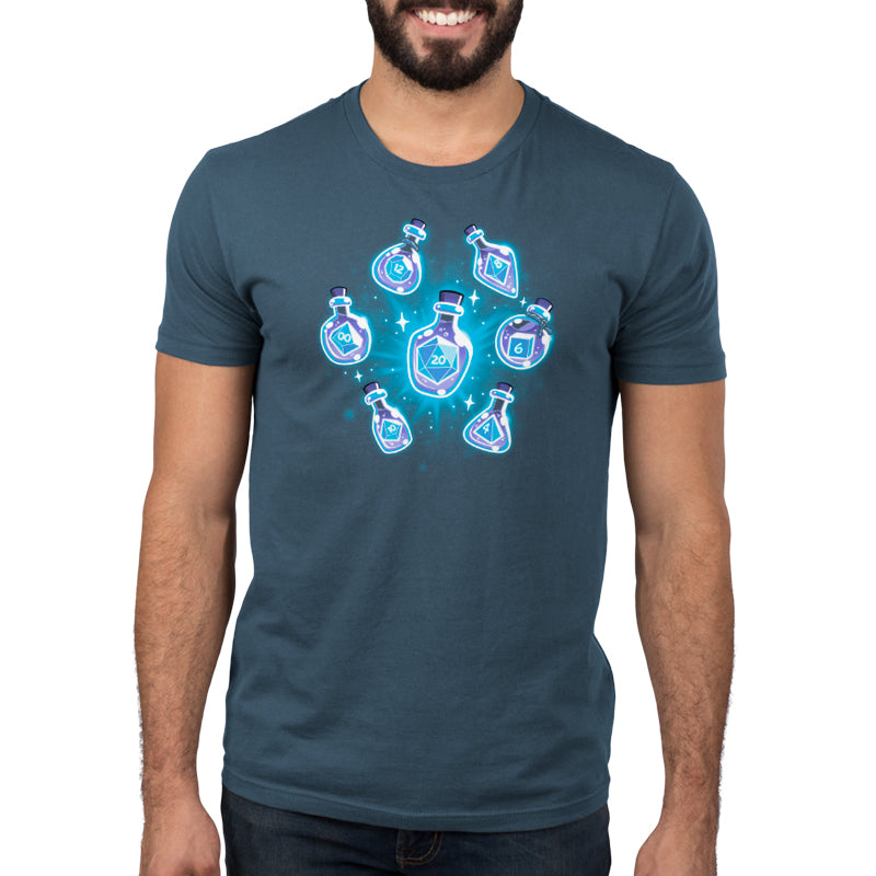 A man wearing a comfortable blue cotton T-shirt with an image of a Bottled Dice by TeeTurtle.