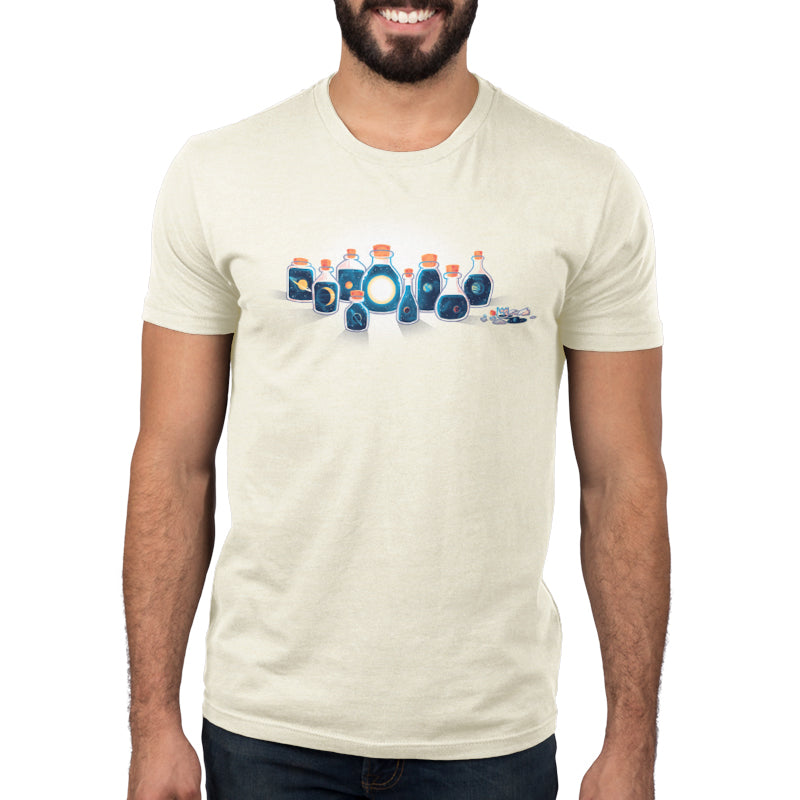 A man wearing a white t-shirt with the words "Bottled Solar System" on it. (Brand: TeeTurtle)