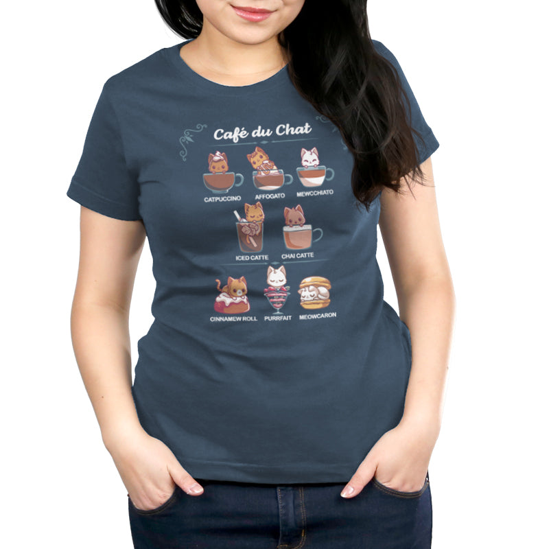 A Cafè Du Chat women's t-shirt with the words cafe de chá and Catpuccino, made by TeeTurtle.