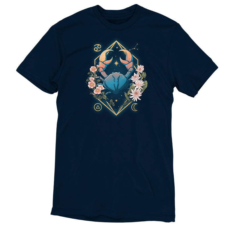 A navy blue Cancer Zodiac t-shirt showcasing a nurturing Cancer zodiac symbolized by a crab surrounded by flowers. (Brand: TeeTurtle)