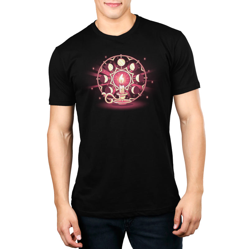 A man wearing a Candlelit Orbit t-shirt from TeeTurtle with a pink design that provides comfort and fit.