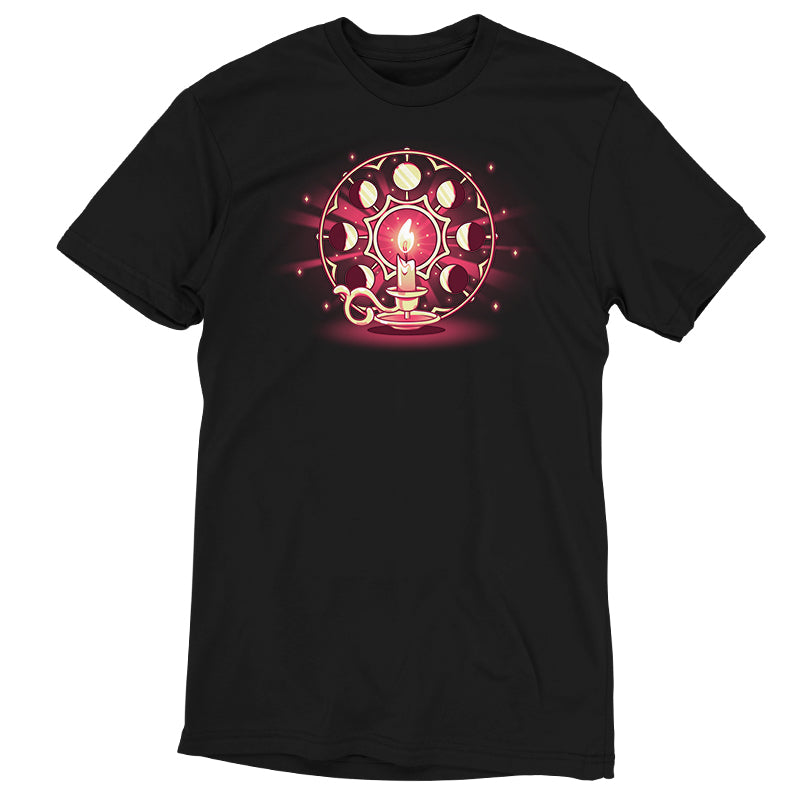 A super soft ringspun cotton black t-shirt featuring a graphic of a candle surrounded by circular symbols, possibly representing the lunar cycle, glowing with a red and yellow color scheme. The Candlelit Orbit by monsterdigital.
