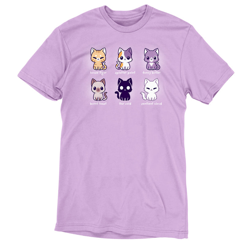 A Cat Names lavender t-shirt with cats on it by TeeTurtle.